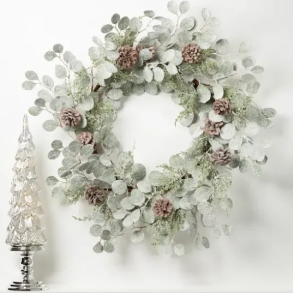 Wreaths-Kirkland's Home Snow Dusted Eucalyptus And Pinecone Wreath Green/Brown/White