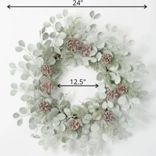 Wreaths-Kirkland's Home Snow Dusted Eucalyptus And Pinecone Wreath Green/Brown/White
