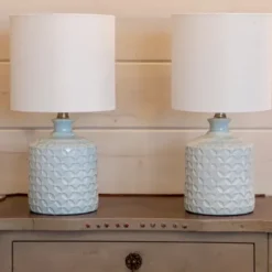 Table Lamps-Kirkland's Home Soft Blue Embossed Ceramic Table Lamps, Set Of 2 White