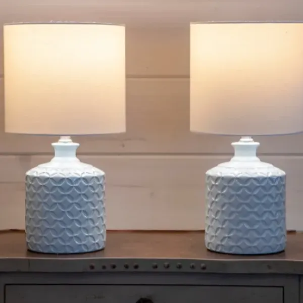 Table Lamps-Kirkland's Home Soft Blue Embossed Ceramic Table Lamps, Set Of 2 White