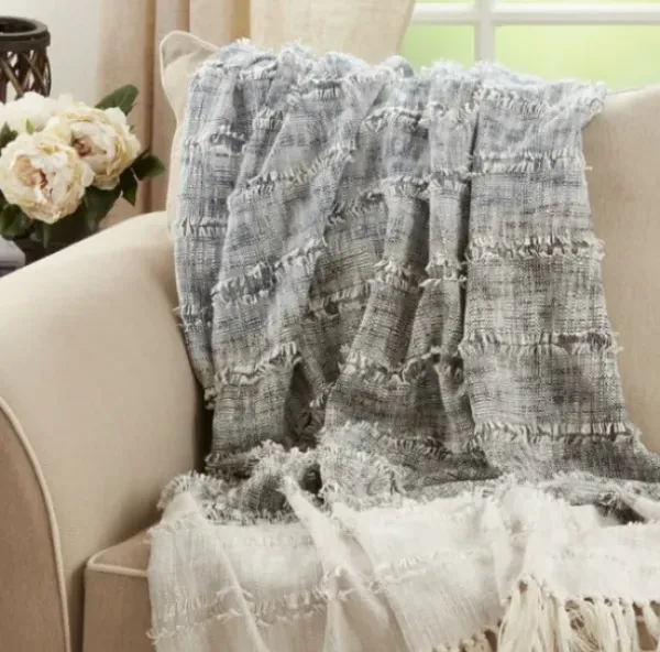 Blankets & Throws-Kirkland's Home Soft Blue Textured Striped Tassel Throw Blue/White