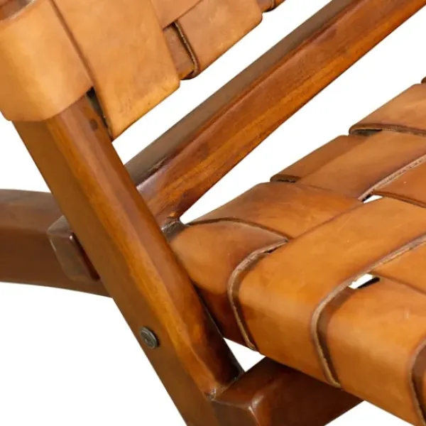 Accent Chairs-Kirkland's Home Solid Teak And Genuine Leather Lounge Chair Brown