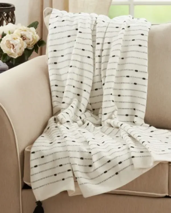 Blankets & Throws-Kirkland's Home Soot Black Textured Striped Tassel Throw White/Black