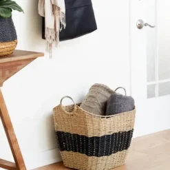 Baskets & Boxes-Kirkland's Home Spa Blue And Tan Woven Basket With Tassel, 19 In. Blue/Tan