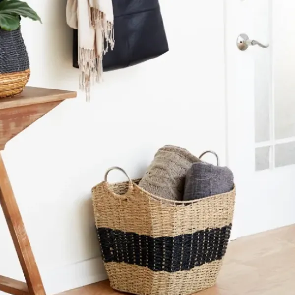 Baskets & Boxes-Kirkland's Home Spa Blue And Tan Woven Basket With Tassel, 19 In. Blue/Tan