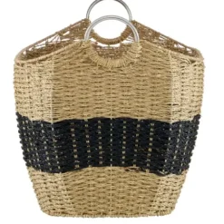 Baskets & Boxes-Kirkland's Home Spa Blue And Tan Woven Basket With Tassel, 19 In. Blue/Tan