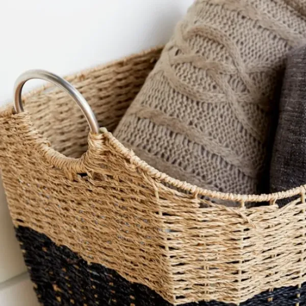 Baskets & Boxes-Kirkland's Home Spa Blue And Tan Woven Basket With Tassel, 19 In. Blue/Tan