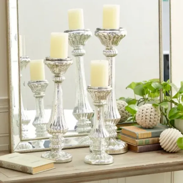Candle Holders-Kirkland's Home Speckled Mercury Glass Pillar Holders, Set Of 3 Silver