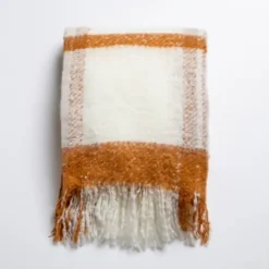 Blankets & Throws-Kirkland's Home Spice Windowpane Faux Mohair Throw Orange/White