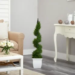Trees & Topiaries-Kirkland's Home Spiral Cypress Topiary In White Planter, 48 In.
