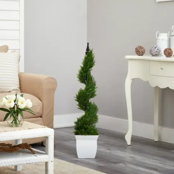 Trees & Topiaries-Kirkland's Home Spiral Cypress Topiary In White Planter, 48 In.