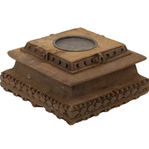 Candle Holders-Kirkland's Home Square Carved Wood Pillar Candle Holder Brown