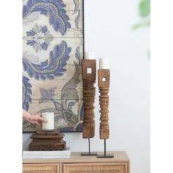 Candle Holders-Kirkland's Home Square Carved Wood Pillar Candle Holder Brown