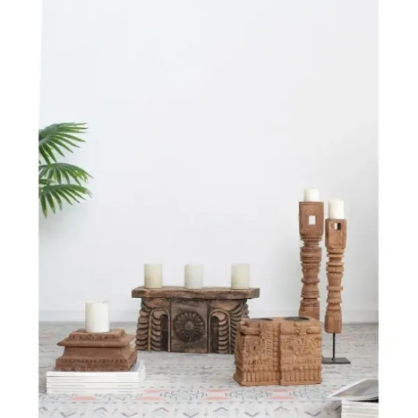 Candle Holders-Kirkland's Home Square Carved Wood Pillar Candle Holder Brown