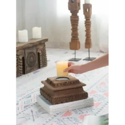 Candle Holders-Kirkland's Home Square Carved Wood Pillar Candle Holder Brown