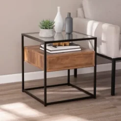 Accent & End Tables-Kirkland's Home Square Metal And Wood Glass Top Accent Table Brown