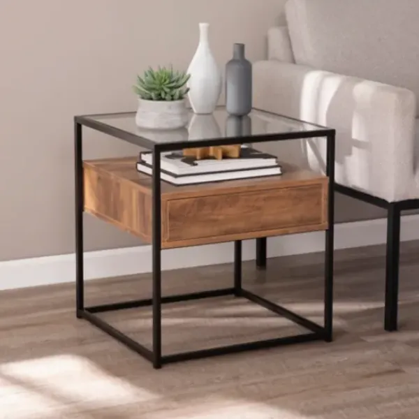 Accent & End Tables-Kirkland's Home Square Metal And Wood Glass Top Accent Table Brown