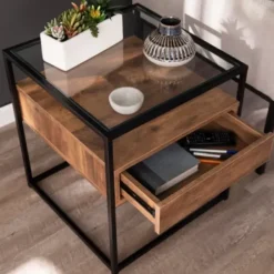 Accent & End Tables-Kirkland's Home Square Metal And Wood Glass Top Accent Table Brown
