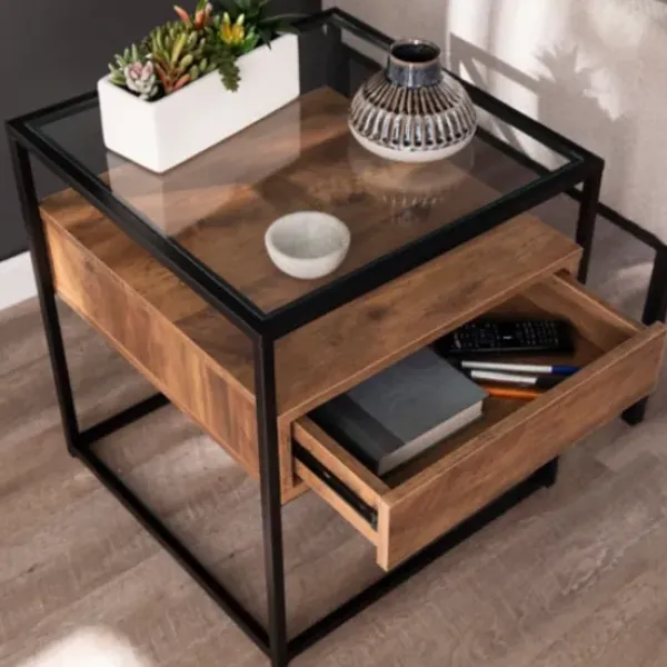 Accent & End Tables-Kirkland's Home Square Metal And Wood Glass Top Accent Table Brown