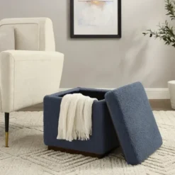 Benches & Ottomans-Kirkland's Home Square Sherpa Upholstered Storage Ottoman Blue