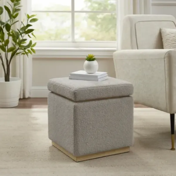 Benches & Ottomans-Kirkland's Home Square Sherpa Upholstered Storage Ottoman Gray