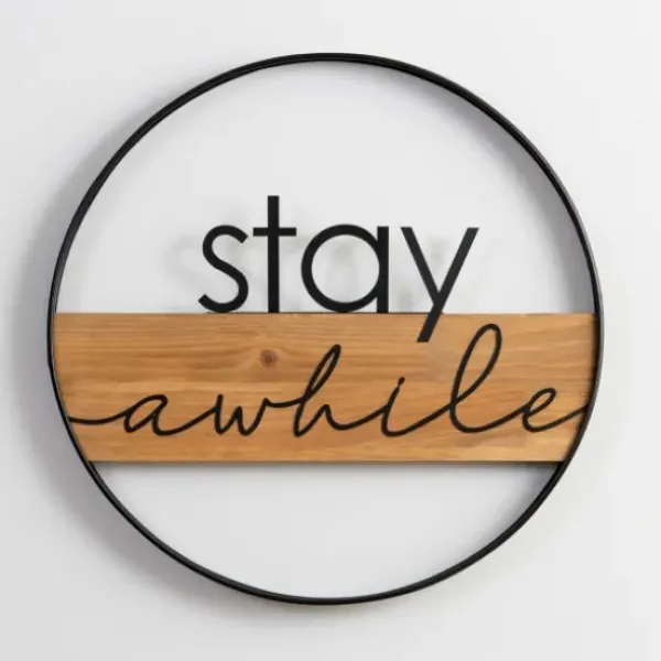 Wall Quotes & Signs-Kirkland's Home Stay Awhile Metal And Wood Wall Plaque Black/Tan