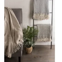 Blankets & Throws-Kirkland's Home Stone Chevron And Fringe Throw Brown
