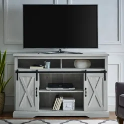 Tv Stands & Media Consoles-Kirkland's Home Stone Sliding Barn Door Highboy Tv Stand Gray