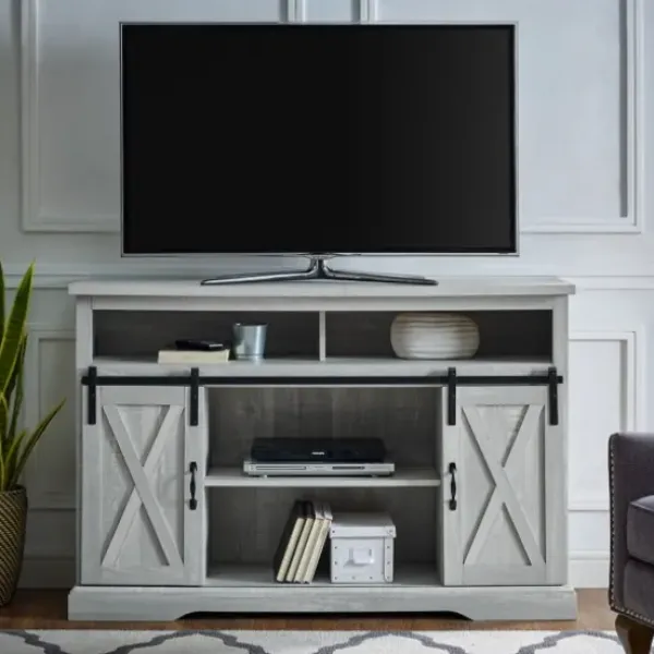 Tv Stands & Media Consoles-Kirkland's Home Stone Sliding Barn Door Highboy Tv Stand Gray