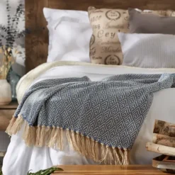 Blankets & Throws-Kirkland's Home Stone Wash Diamond Fringe Throw Blue