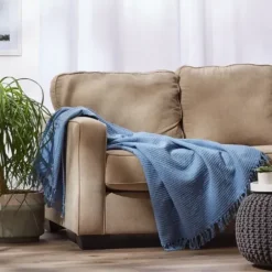 Blankets & Throws-Kirkland's Home Stonewash Ribbed Fringe Throw Blue