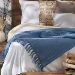 Blankets & Throws-Kirkland's Home Stonewash Ribbed Fringe Throw Blue