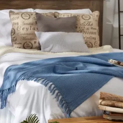 Blankets & Throws-Kirkland's Home Stonewash Ribbed Fringe Throw Blue