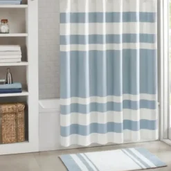 Shower Curtains-Kirkland's Home Stripe Waffle Weave Shower Curtain Blue