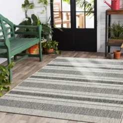 Outdoor Rugs-Kirkland's Home Stripe Weave Sun Shower Outdoor Area Rug, 7X9 Gray