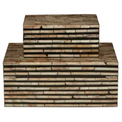 Baskets & Boxes-Kirkland's Home Striped Mother Of Pearl Shell Wood Boxes, Set Of 2 Tan/Gray