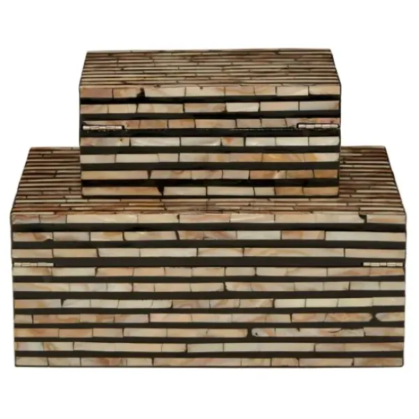 Baskets & Boxes-Kirkland's Home Striped Mother Of Pearl Shell Wood Boxes, Set Of 2 Tan/Gray