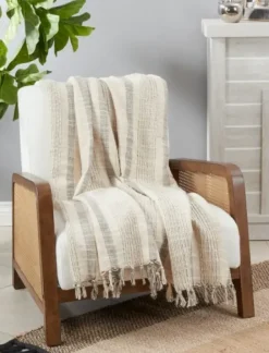 Blankets & Throws-Kirkland's Home Stripes And Fringe Cream Throw Blanket Ivory