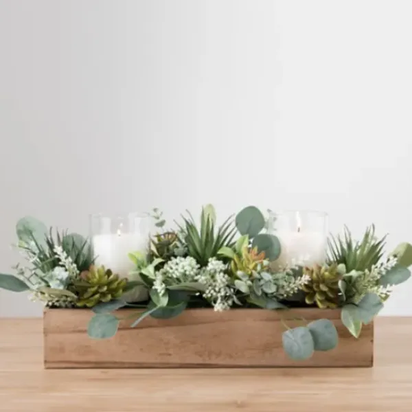 Arrangements & Greenery-Kirkland's Home Succulent And Eucalyptus Centerpiece In Crate Green/Brown