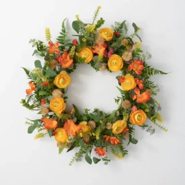 Wreaths-Kirkland's Home Summer Blooming Ranunculus Thistle Wreath Green/Yellow/Orange