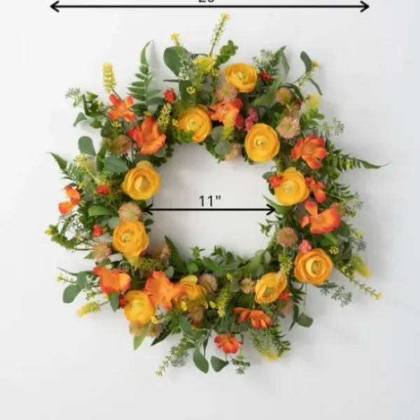 Wreaths-Kirkland's Home Summer Blooming Ranunculus Thistle Wreath Green/Yellow/Orange