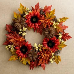 Wreaths-Kirkland's Home Sunflower And Pumpkin Rattan Wreath Orange/Brown