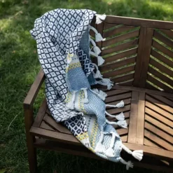 Blankets & Throws-Kirkland's Home Sunshine Diamond Pattern Outdoor Throw Blanket White/Blue/Yellow