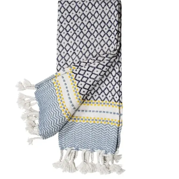 Blankets & Throws-Kirkland's Home Sunshine Diamond Pattern Outdoor Throw Blanket White/Blue/Yellow
