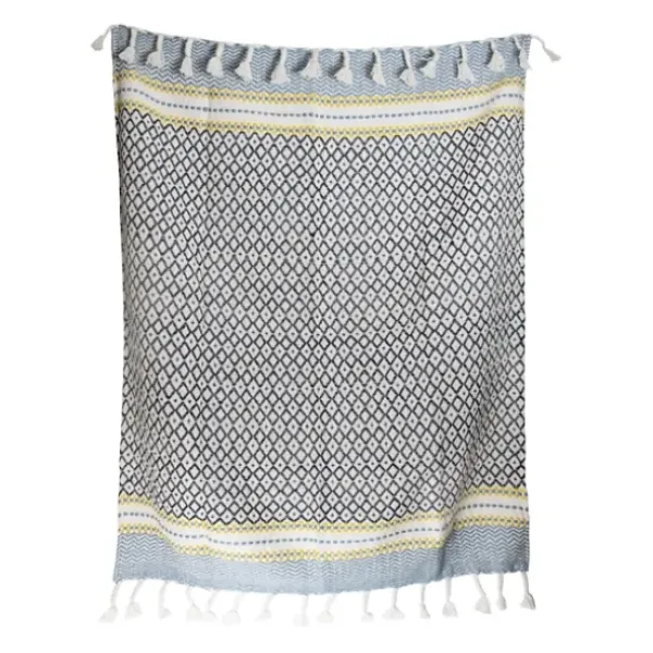 Blankets & Throws-Kirkland's Home Sunshine Diamond Pattern Outdoor Throw Blanket White/Blue/Yellow