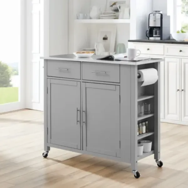 Kitchen Islands & Bar Carts-Kirkland's Home Susanne Stainless Top And Gray Wood Kitchen Island