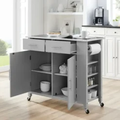 Kitchen Islands & Bar Carts-Kirkland's Home Susanne Stainless Top And Gray Wood Kitchen Island