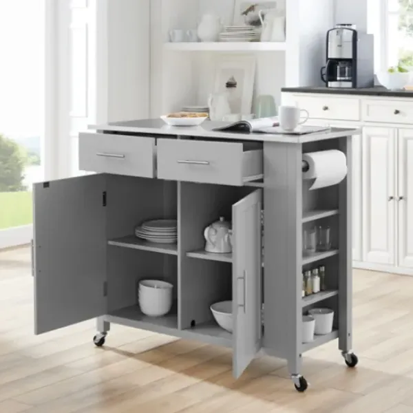 Kitchen Islands & Bar Carts-Kirkland's Home Susanne Stainless Top And Gray Wood Kitchen Island