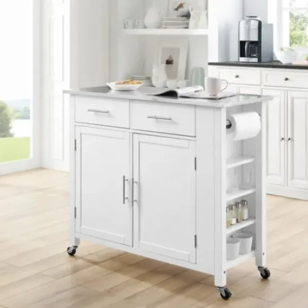 Kitchen Islands & Bar Carts-Kirkland's Home Susanne White And Stainless Steel Kitchen Island