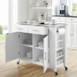 Kitchen Islands & Bar Carts-Kirkland's Home Susanne White And Stainless Steel Kitchen Island
